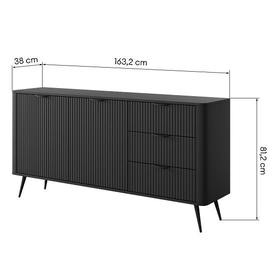 Two-Door Sideboard with Drawers Lante Black, Ribbed, Rounded