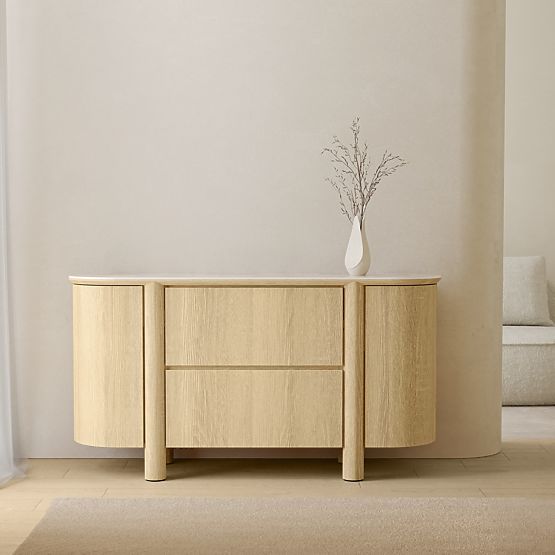 Two-Door Sideboard with Drawers Segretto, Rounded, Natural Oak, Travertine