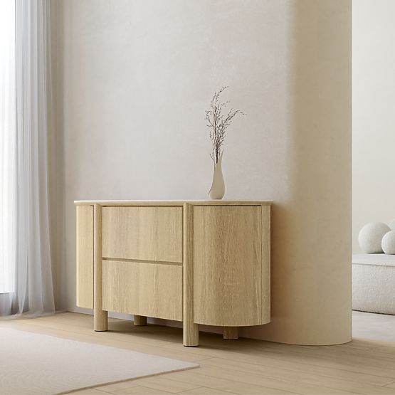 Two-Door Sideboard with Drawers Segretto, Rounded, Natural Oak, Travertine