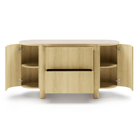 Two-Door Sideboard with Drawers Segretto, Rounded, Natural Oak, Travertine