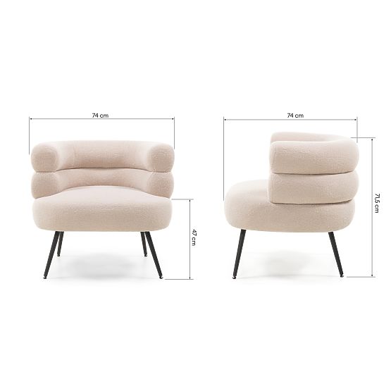 Upholstered Armchair/Chair Leya Beige, Rounded, Black Legs