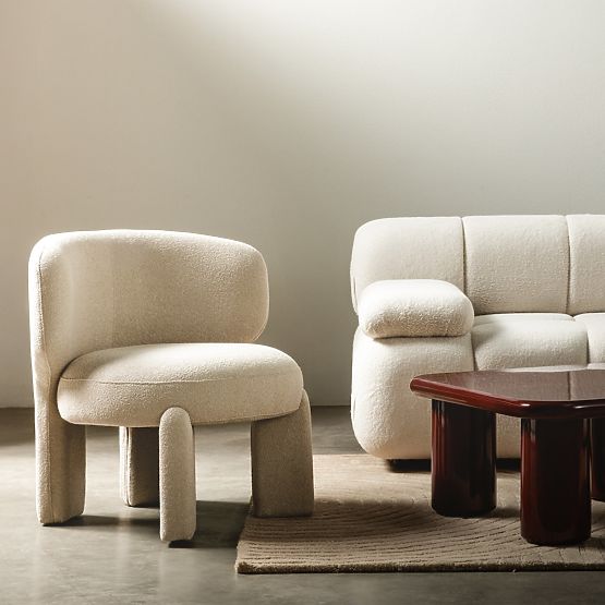 Upholstered Armchair Elaine Beige, Boucle, Rounded Shapes