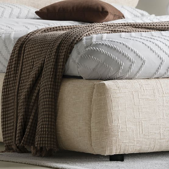 Upholstered Bed Avola 160x200 cm, with Slatted Base and Storage, Light Beige, Rounded