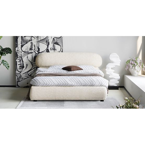 Upholstered Bed Avola 160x200 cm, with Slatted Base and Storage, Light Beige, Rounded