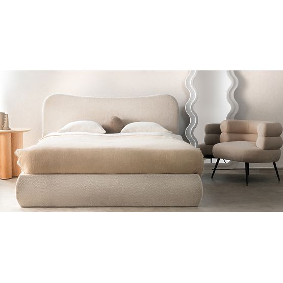 Upholstered Bed Derry 140x200 cm, with Slatted Base and Storage, Rounded, Beige