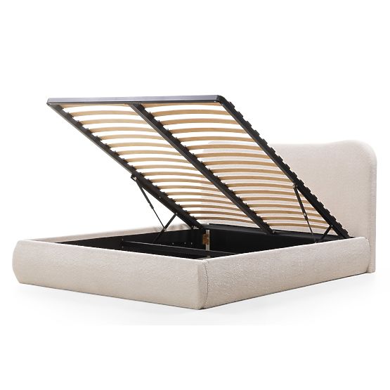 Upholstered Bed Derry 140x200 cm, with Slatted Base and Storage, Rounded, Beige