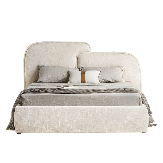 Upholstered Bed Nestia 160x200 cm, with Slats and Storage, Light Beige, Rounded