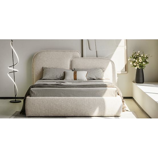 Upholstered Bed Nestia 160x200 cm, with Slats and Storage, Light Beige, Rounded