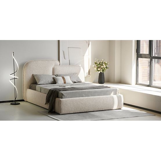 Upholstered Bed Nestia 160x200 cm, with Slats and Storage, Light Beige, Rounded