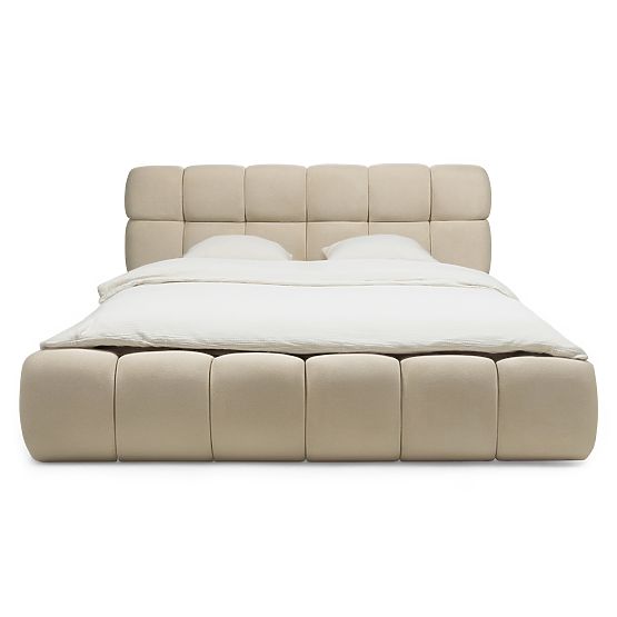 Upholstered Bed Nexo 160x200 cm, with Slatted Frame and Storage, Light Beige, Rounded Shapes