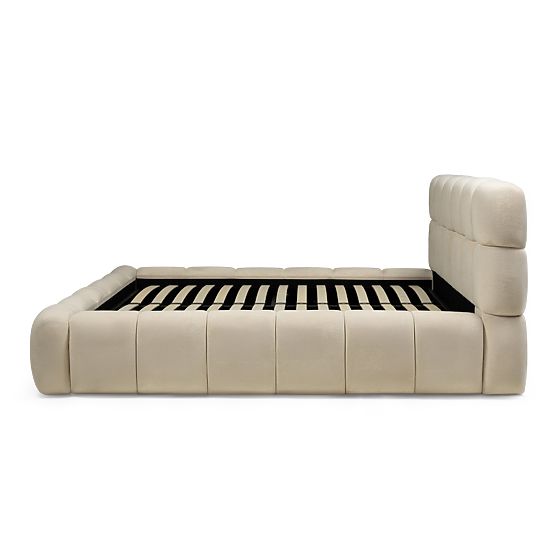 Upholstered Bed Nexo 160x200 cm, with Slatted Frame and Storage, Light Beige, Rounded Shapes