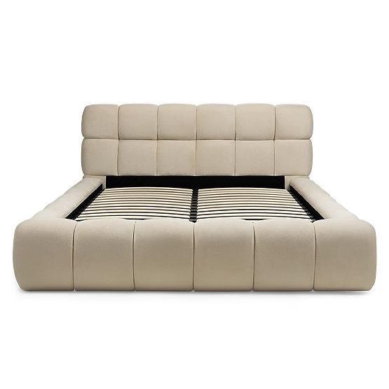Upholstered Bed Nexo 160x200 cm, with Slatted Frame and Storage, Light Beige, Rounded Shapes