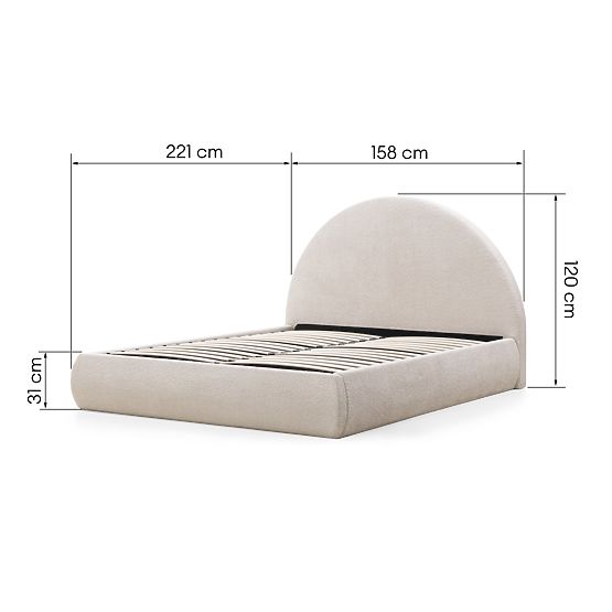 Upholstered Bed Orbi 140x200 cm, with Slatted Base and Storage, Rounded, Beige