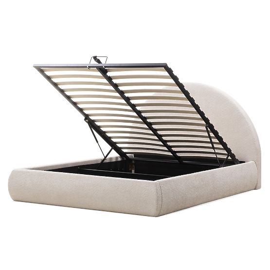 Upholstered Bed Orbi 140x200 cm, with Slatted Base and Storage, Rounded, Beige