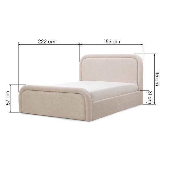 Upholstered Bed Ovoid 140x200 cm, with Slatted Frame and Storage, Rounded, Beige