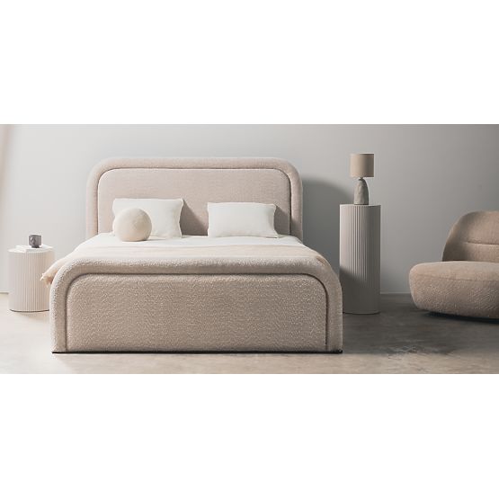 Upholstered Bed Ovoid 140x200 cm, with Slatted Frame and Storage, Rounded, Beige