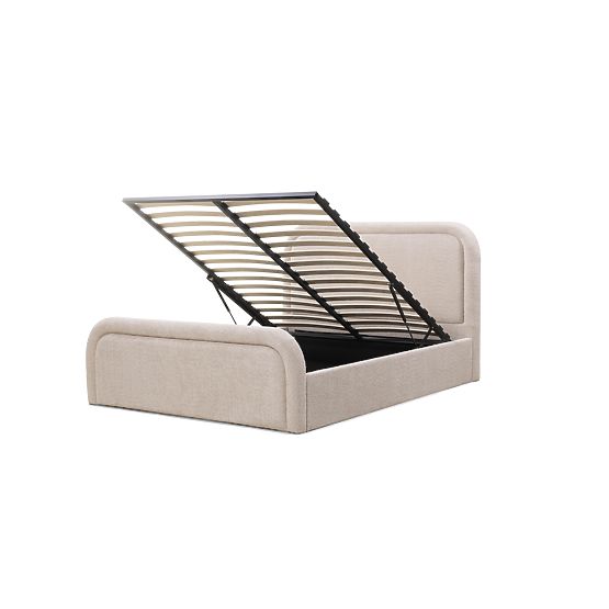 Upholstered Bed Ovoid 140x200 cm, with Slatted Frame and Storage, Rounded, Beige