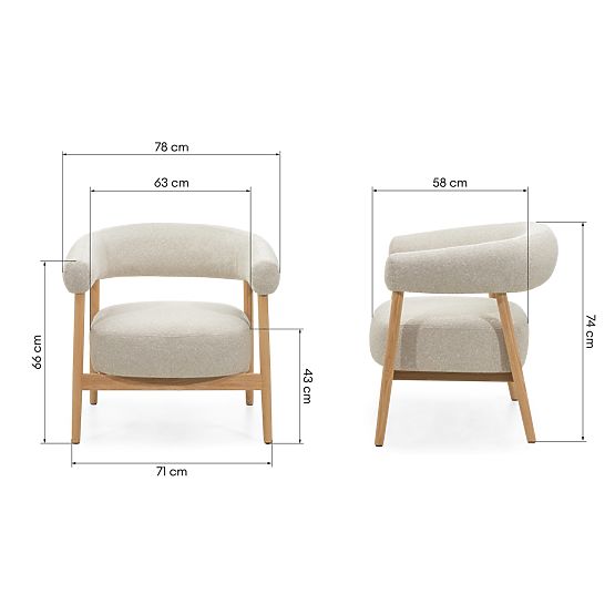 Upholstered Chair/Armchair Montepulciano, Light Beige/Oak Wood, Rounded