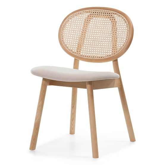 Wooden Chair Monet with Viennese Weave, Rattan, Velour, Natural/Light Brown