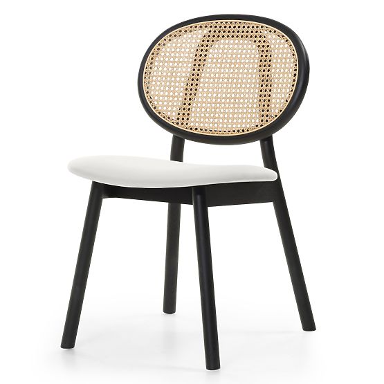 Wooden Chair Monet with Viennese Weave, Rattan, Velvet, Black/Ecru