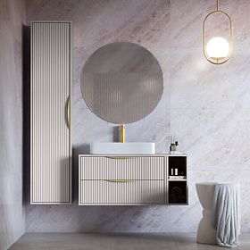 Bathroom Cabinet Column Avila, Grooved, Gold Handle, Cashmere