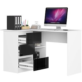 CORNER DESK B16 124 cm LEFT 3 DRAWERS WHITE / BLACK GLOSS
