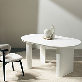 Extendable Table Audrey 160-240 cm, Oval, White, with Grooving, Rounded Shapes