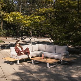 San Piero Garden Corner Sofa Set with Table, Teak FSC Wood, Gray/Natural