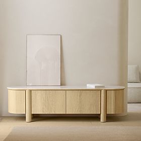 Segretto TV Cabinet with Four Doors, Rounded, Natural Oak, Travertine