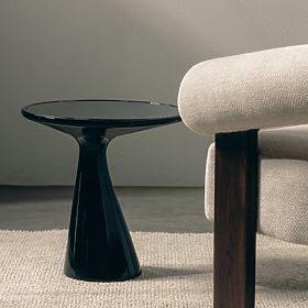 Side Table with Glass Top Muun 45 cm, Black, Glossy, Rounded Shapes