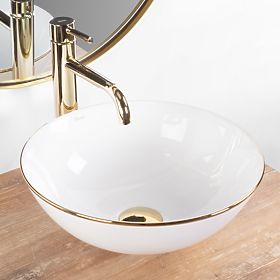 Stella White Countertop Ceramic Basin with Gold Rim, Rea