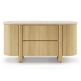 Two-Door Sideboard with Drawers Segretto, Rounded, Natural Oak, Travertine