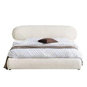 Upholstered Bed Avola 160x200 cm, with Slatted Base and Storage, Light Beige, Rounded