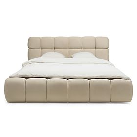 Upholstered Bed Nexo 160x200 cm, with Slatted Frame and Storage, Light Beige, Rounded Shapes
